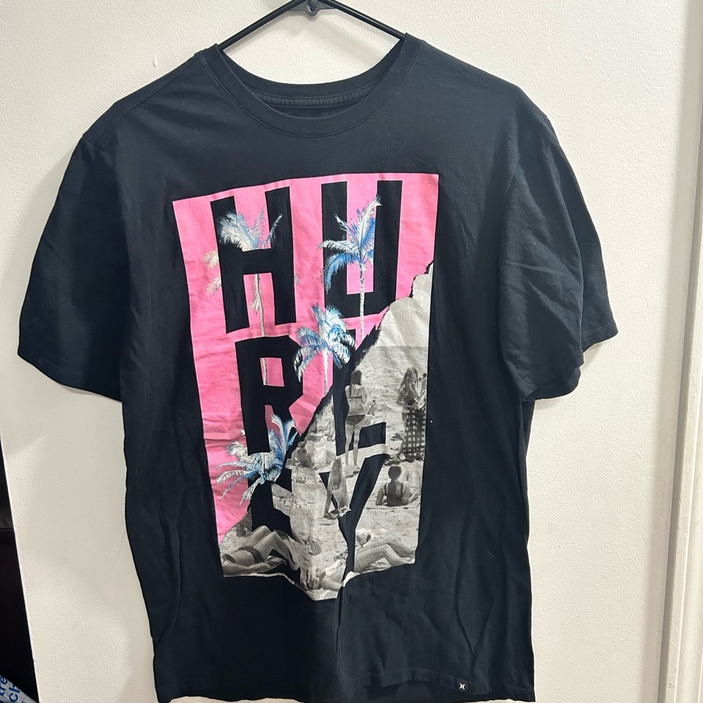 Hurley Mens T Shirt Large Black Graphic Print Palm Tree Beach Vibe Casual Tee‎